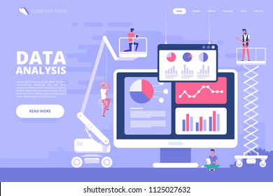 Data analysis design concept. Analysts working. Small people with data analysis graphs and charts. Trendy flat style. Vector illustration. 