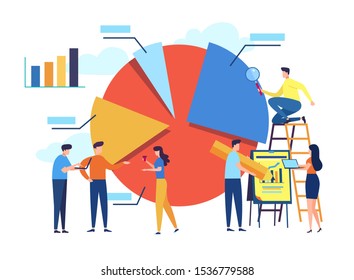 Data analysis design concept. Analysts working. Small people and diagram with data analysis graphs and charts. Trendy modern flat style. Vector illustration for banner, web site, poster