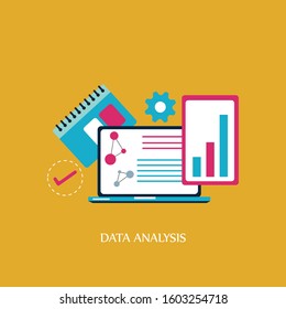 Data analysis design concept. Analysts working and laptop screen with data analysis graphs and charts