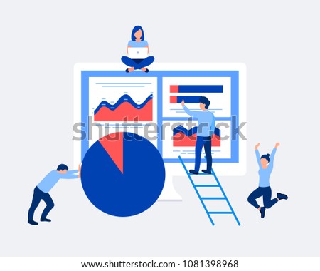 Data analysis design concept. Analysts working. Small people and laptop screen with data analysis graphs ansd charts. Trendy flat style. Vector illustration.