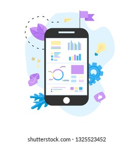 Data analysis design concept. Graph, diagram, statistics on smartphone screen. Business concept