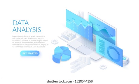 Data analysis design concept with laptop. Isometric vector illustration. Landing page template for web.