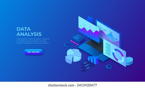 Data analysis design concept with laptop and charts. Dark isometric vector illustration