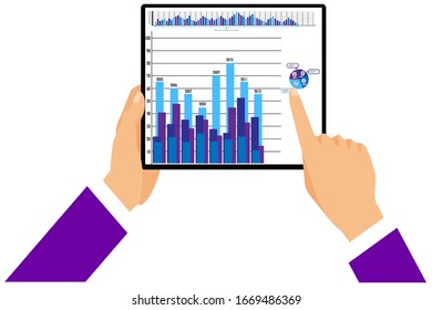 Data analysis design concept with people, chart and laptop. Flat vector illustration. Landing page template for web.