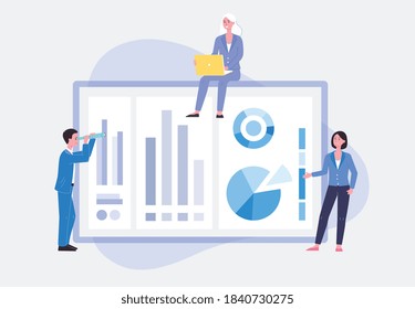 Data analysis design concept. A team of business analysts working on charts, statistics and reports. Small people and a screen with graphs. Flat vector isolated illustration