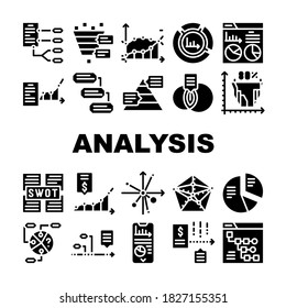 Iconos de colección de diagramas de análisis de datos Set Vector. Análisis Financiero Y Swot, Análisis Económico Y Comercial, Pictogramas De Investigación Gráfico E Infografía Ilustraciones Negras