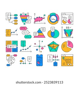Data Analysis Diagram Collection Icons Set Vector. Financial And Swot Analysis, Economy And Business Analytics, Infographic And Chart Research color Contour Illustrations