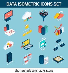 Análise de dados análise digital ícones de processamento de dados conjunto isométrico isolado ilustração vetorial