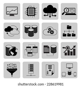 Data analysis digital cloud file server icons black set isolated vector illustration