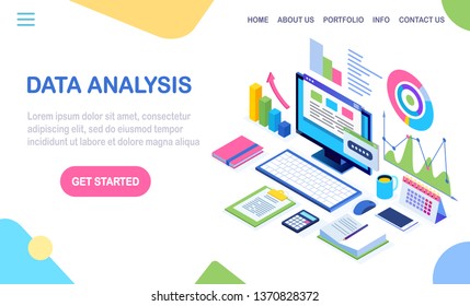 Data analysis. Digital financial reporting, seo, marketing. Business management, development. 3d isometric laptop, computer, pc with graph, chart, statistic. Vector design for website