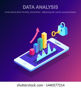 Data analysis. Digital financial reporting, seo, marketing. Business management, development. 3d isometric smartphone, mobile phone with graph, chart, statistic. Vector design for website