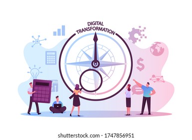 Data Analysis and Digitization Concept, Digital Transformation or Disruption, Financial Statistics, Big Data or Performance Measuring. Tiny Characters and Compass. Cartoon People Vector Illustration