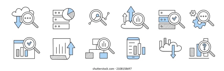 Conjunto de iconos de doodle de análisis de datos. Almacenamiento de información en la nube, vidrio de aumento, gráfico, flecha y sobre. Servidor, ruedas cognitivas y documentos, smartphone con gráficos de columnas, ilustración vectorial de línea