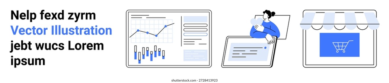 Data analysis, e-commerce, productivity, business research, digital economy, marketing strategy. Charts and graphs, a person on a laptop and an online store icon. Data analytics and e-commerce