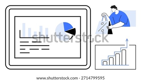 Data analysis, e-commerce, shopping trends, financial growth, performance tracking, online business. Tablet interface with charts and graphs, person holding shopping bags rising bar graph. Data