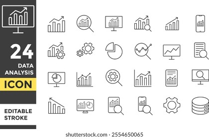 data analysis Editable line stroke icon set. Research, Information technology sign Pixel perfect. Containing computing, server, OS, internet, network, security icons collection. Market prediction icon