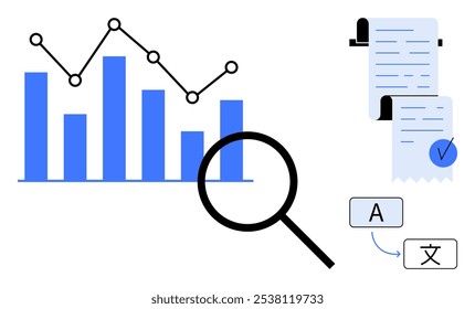 Data analysis elements with bar graphs and a line chart, a magnifying glass over a document, and language translation symbols. Ideal for data analysis, business reports, financial analytics, language