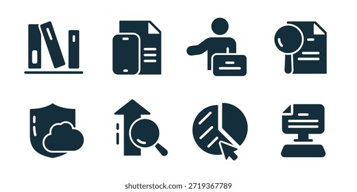 Análisis de datos excelente colección de iconos. Estante de los libros, informe del teléfono, maletín del consultor, búsqueda de documentos, escudo de la nube, búsqueda del crecimiento, Hacer clic del gráfico circular, iconos del análisis del escritorio