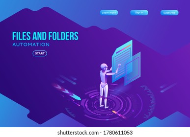 Data analysis, files and folders, robotic arm analyzes documents, kpi analytics, digital technology in finance, big research isometric illustration, 3d isometric background, website template