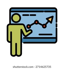 Icono de color de línea llena de análisis de datos. Símbolo de informe de presentación. Ideal para entregar información y resultados de un informe oralmente frente a una audiencia.