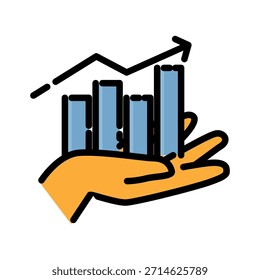 Data Analysis filled line color icon. Business Analytics With Hand Holding Bar Chart And Arrow. Perfect for better business.