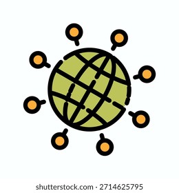 Icono de color de línea llena de análisis de datos. Red global con símbolo de globo y puntos conectados. Simbolizando la conectividad.
