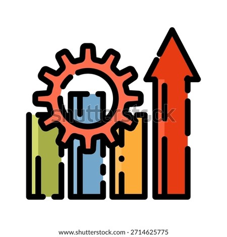 Data Analysis filled line color icon. Growth Analysis With Gear And Bar Chart. Symbolizing growth, progress, and efficiency in business