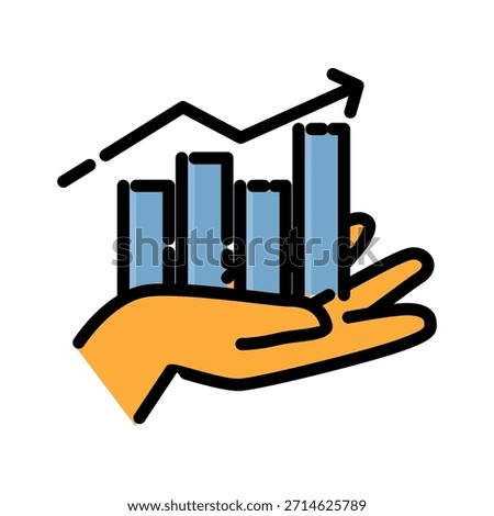 Data Analysis filled line color icon. Business Analytics With Hand Holding Bar Chart And Arrow. Perfect for better business.