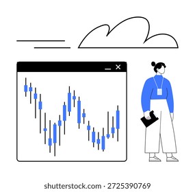 Datenanalyse, Finanzen, Markttrends, Aktienhandel, wirtschaftliche Erkenntnisse, Technologie. Kerzenständer und Geschäftsfrau, die mit einem Tablet steht. Datenanalyse und Finanzierungskonzept