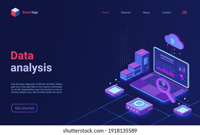 Data analysis, financial analytics isometric vector illustration. Cartoon 3d analyst trader workplace with laptop and big chart graph information, finance research business technology landing page