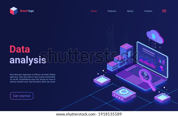 Data analysis, financial analytics isometric vector\
illustration. Cartoon 3d analyst trader workplace with laptop and\
big chart graph information, finance research business technology\
landing page
