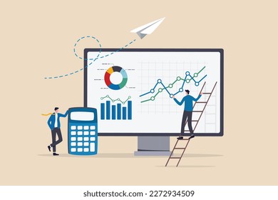 Data analysis, financial dashboard or accounting, corporate revenue or investment profit, tax, budget or marketing strategy concept, business people working with financial dashboard and calculator.