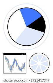 Análise de dados, relatórios financeiros, estratégia de negócios, controle de mercado, estatísticas e análises. Um gráfico de pizza, gráfico de castiçal do mercado de ações e diagrama radial. Análise de dados e relatórios financeiros
