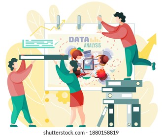 El análisis de datos y la investigación financiera con el grupo de analistas de equipos de negocios comunican el trabajo conjunto. Los colegas se ayudan mutuamente en la elaboración de una estrategia de gestión de procesos empresariales. Brainstorming de hombres de negocios