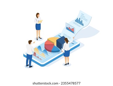 Data analysis, financial statement or accounting, business revenue or investment budget with marketing profit or marketing strategy, isometric businessman and pie chart data report on smartphone