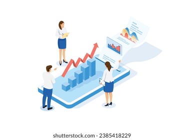 Data analysis, financial statement or accounting, business revenue or investment budget with marketing profit, tax, budget, isometric businessman and pie chart data report on smartphone.