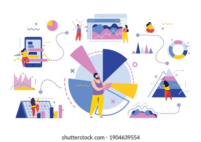 Data analysis flat composition with human characters with bar charts elements of graphs and dash lines vector illustration