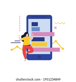 Data analysis flat composition with isolated smartphone with bar charts and girl character vector illustration