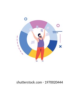 Data analysis flat composition with isolated circle graph with colorful segments and male character vector illustration