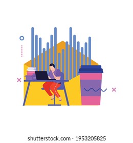 Data analysis flat composition with view of working place with man bar charts and coffee cup vector illustration