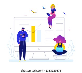 Data analysis - flat design style colorful illustration on white background. High quality composition with male, female colleagues, team at computer monitor with diagram. Business analytics concept