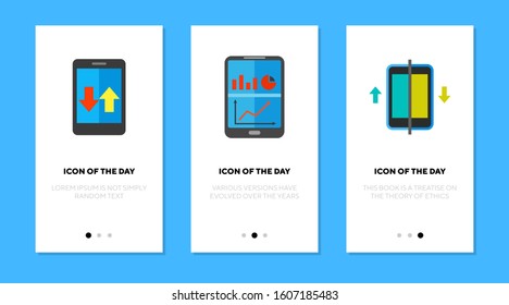 Data analysis flat icon set. Digital device, report, graphs. Software, app, marketing concept. Vector illustration symbol elements for web design