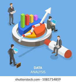 Data analysis flat isometric vector concept. A business team is investigating some information with around the huge magnifying glass and some kinds of finance charts and diagrams.