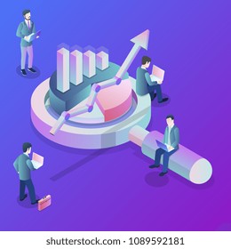 Data analysis flat isometric vector concept. A business team is investigating some information around the huge magnifying glass and some kinds of finance charts and diagrams.