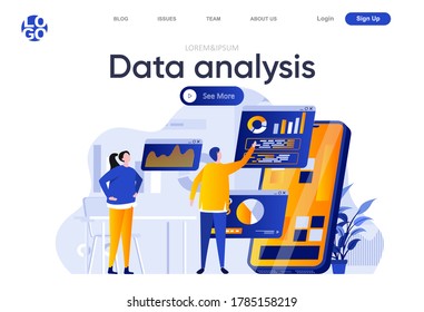 Data analysis flat landing page. People using mobile application with business analytics on screen vector illustration. Online financial data analysis web page composition with people characters.