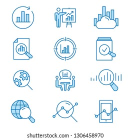 Data analysis flat line icons. Set of research, compute, statistic, information, graph and more. Editable Stroke. Change to any size and any colour.