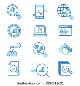 Data analysis flat line icons. Set of research, compute, statistic, information, graph and more. Editable Stroke. Change to any size and any colour.