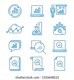 Data analysis flat line icons. Set of research, compute, statistic, information, graph and more. Editable Stroke. Change to any size and any colour.