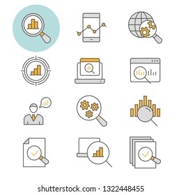 Data analysis flat line icons. Set of research, market, compute, statistic, information and more. Editable Stroke.