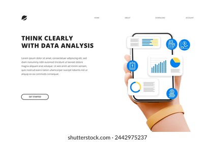 Data analysis graph chart information for decision landing page concept. cute cartoon hand holding phone app